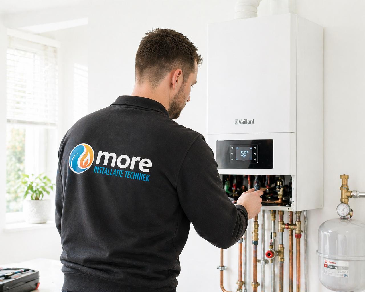 Monteur van More Installatietechniek bij ketelonderhoud